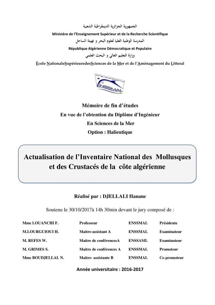 Actualisation de l’Inventaire National des Mollusques et des Crustacés de la côte algérienne