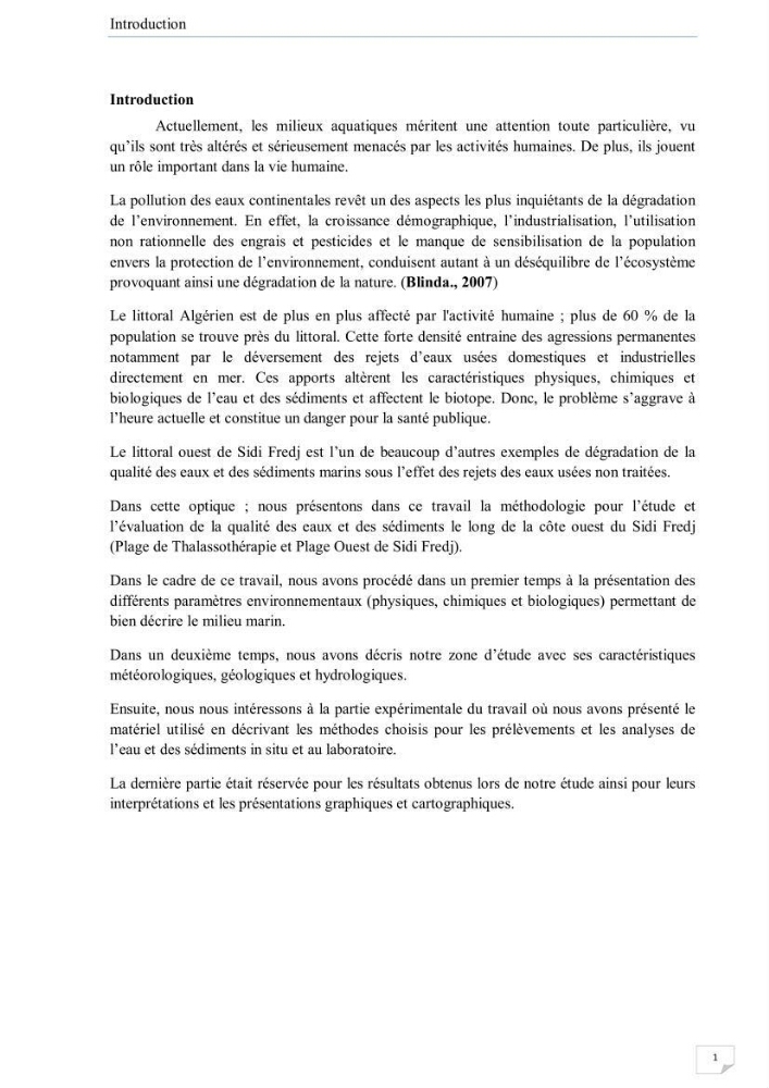 Contribution à l\'étude de la qualité des eaux et des sédiments de la plage ouest de Sidi Fredj