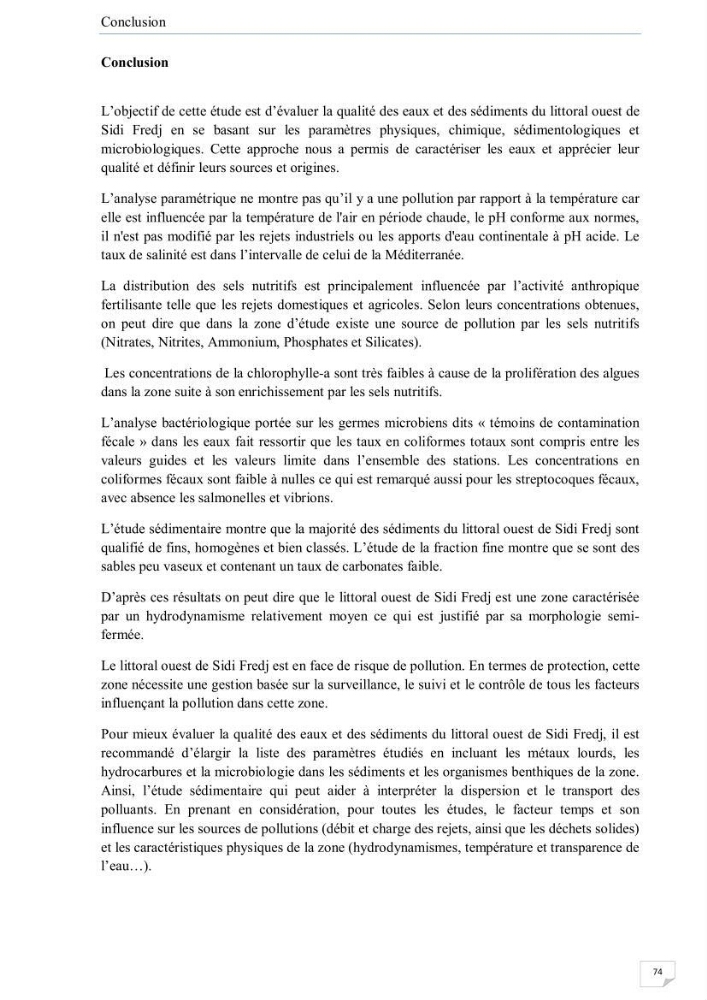 Contribution à l\'étude de la qualité des eaux et des sédiments de la plage ouest de Sidi Fredj