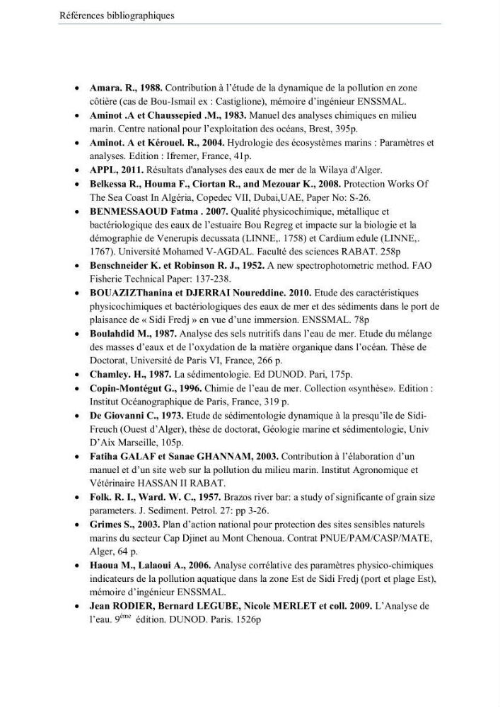 Contribution à l\'étude de la qualité des eaux et des sédiments de la plage ouest de Sidi Fredj