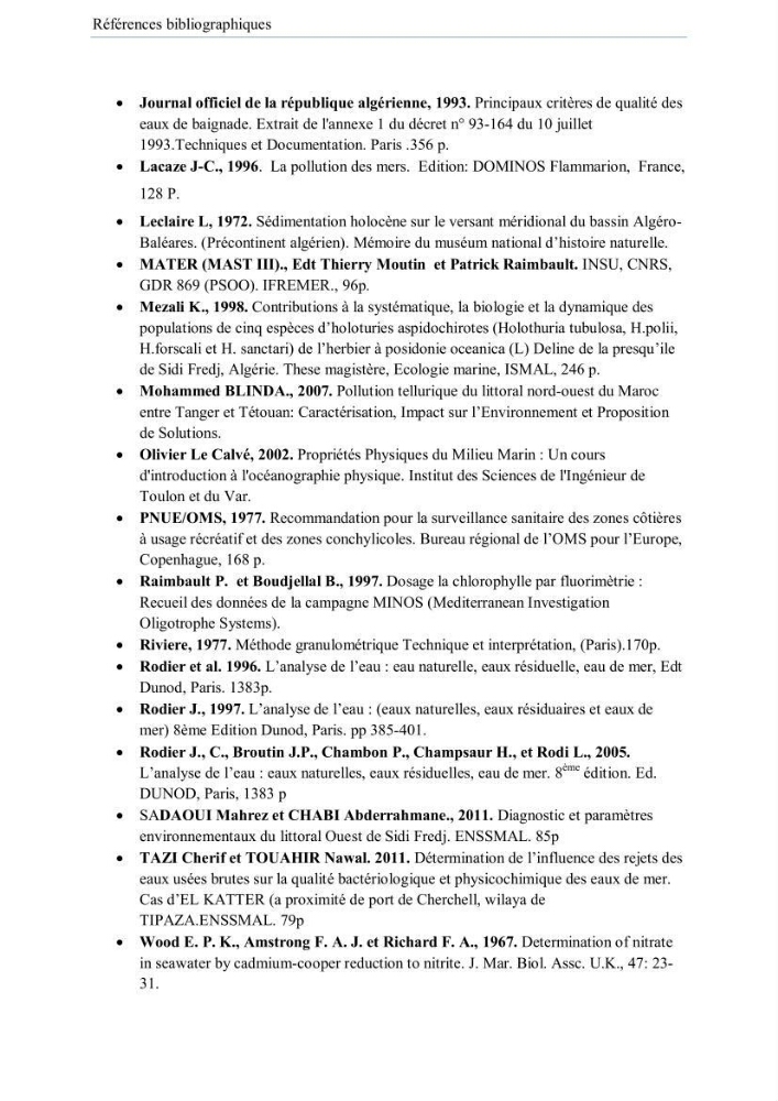Contribution à l\'étude de la qualité des eaux et des sédiments de la plage ouest de Sidi Fredj