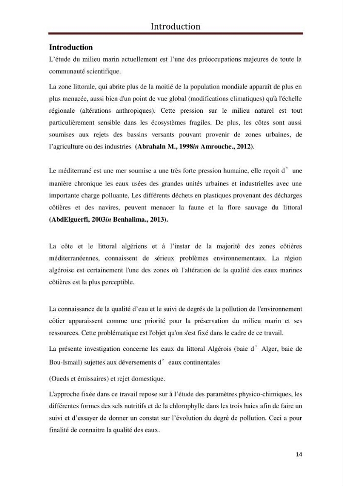 Les paramètres physico-chimiques et les sels nutritifs dans les eaux côtières Algéroises ( Baie d\'Alger, la baie de Bou-Ismail