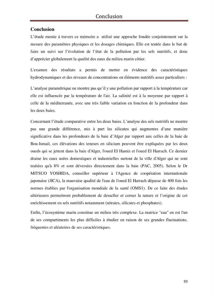 Les paramètres physico-chimiques et les sels nutritifs dans les eaux côtières Algéroises ( Baie d\'Alger, la baie de Bou-Ismail
