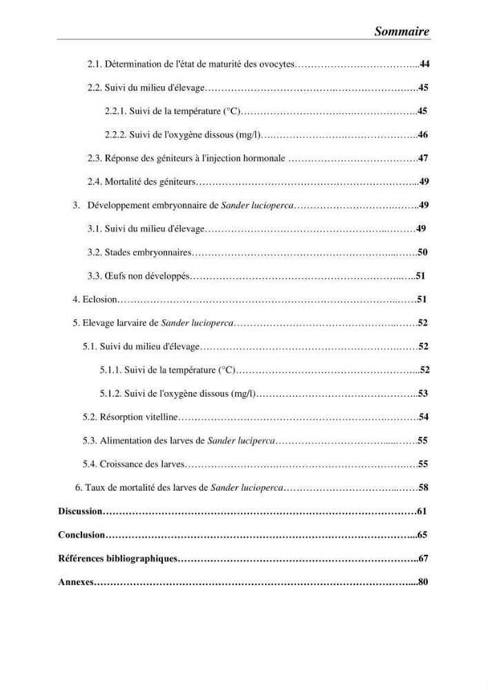 Contribution à la reproduction semi-contrôlée et à l’élevage larvaire d’une espèce carnassière d’eau douce : Cas de Sander lucioperca