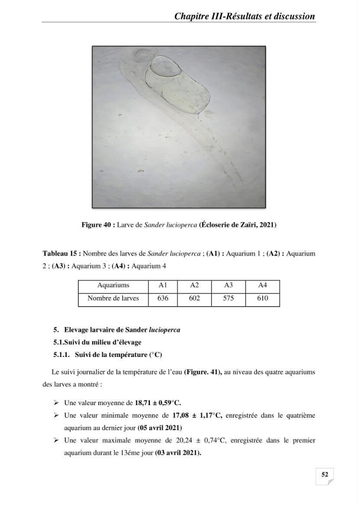 Contribution à la reproduction semi-contrôlée et à l’élevage larvaire d’une espèce carnassière d’eau douce : Cas de Sander lucioperca