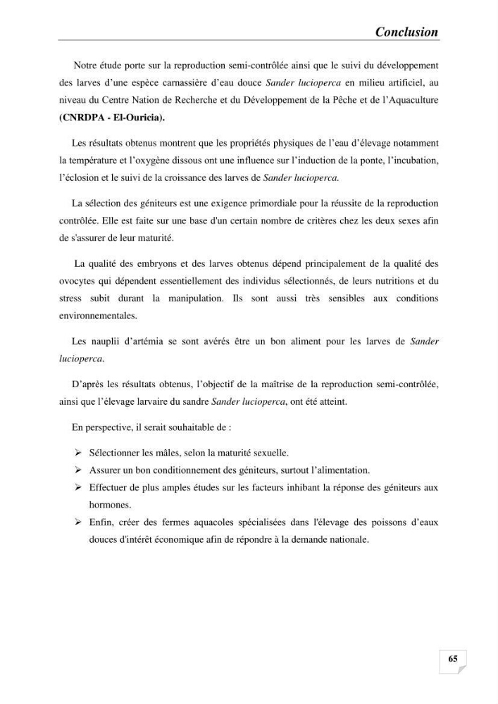 Contribution à la reproduction semi-contrôlée et à l’élevage larvaire d’une espèce carnassière d’eau douce : Cas de Sander lucioperca