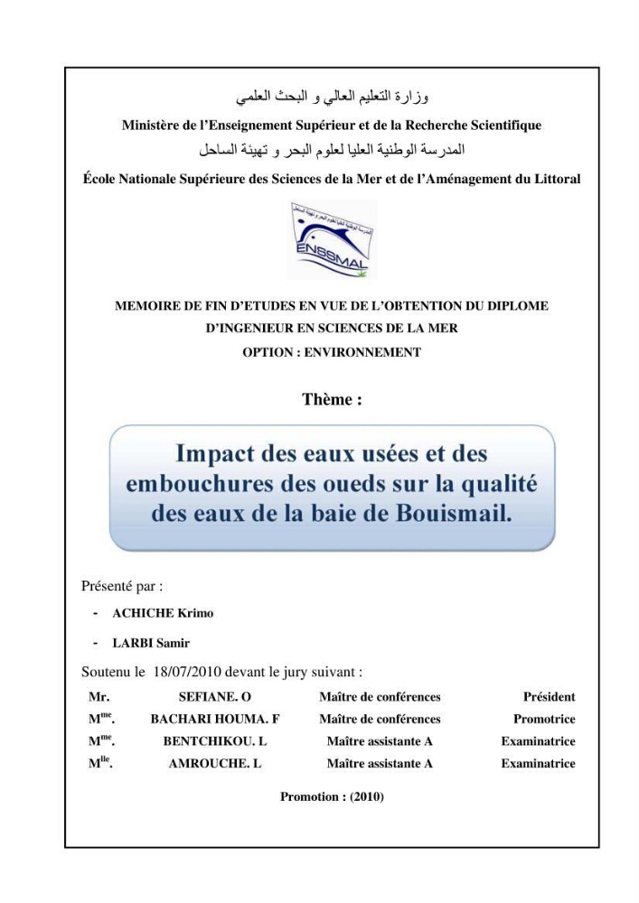 Impact des eaux usées et des embouchures des oueds sur la qualité des eaux de la baie de BouIsmail