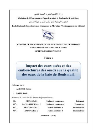 Impact des eaux usées et des embouchures des oueds sur la qualité des eaux de la baie de BouIsmail Impact des eaux usées et des embouchures des oueds sur la qualité des eaux de la baie de BouIsmail