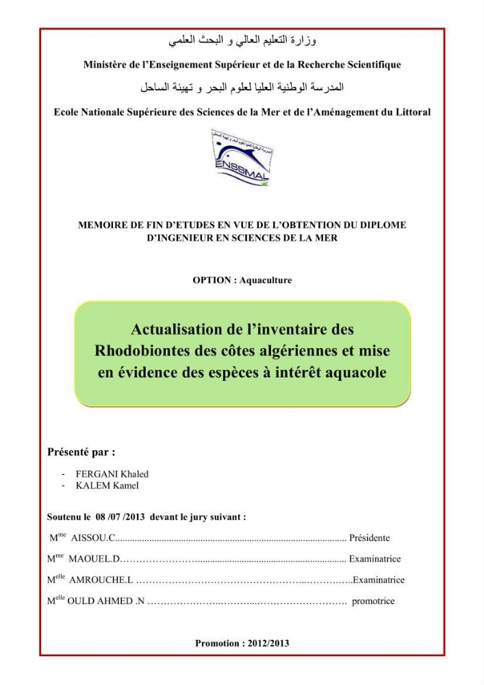 Actualisation de l\'inventaire des Rhodobiontes des côtes Algériennes et mise en évidence des éspèces à intérêt aquacole