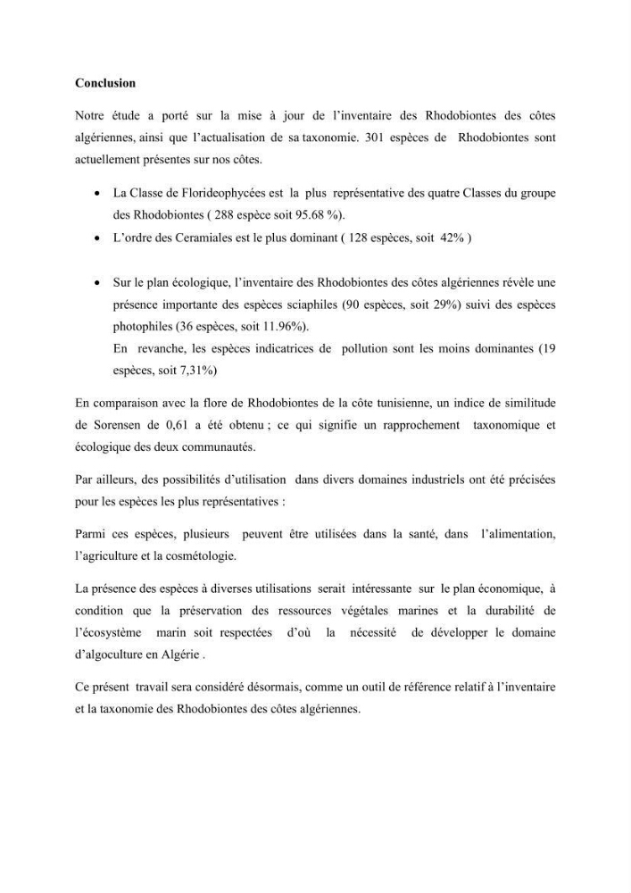 Actualisation de l\'inventaire des Rhodobiontes des côtes Algériennes et mise en évidence des éspèces à intérêt aquacole