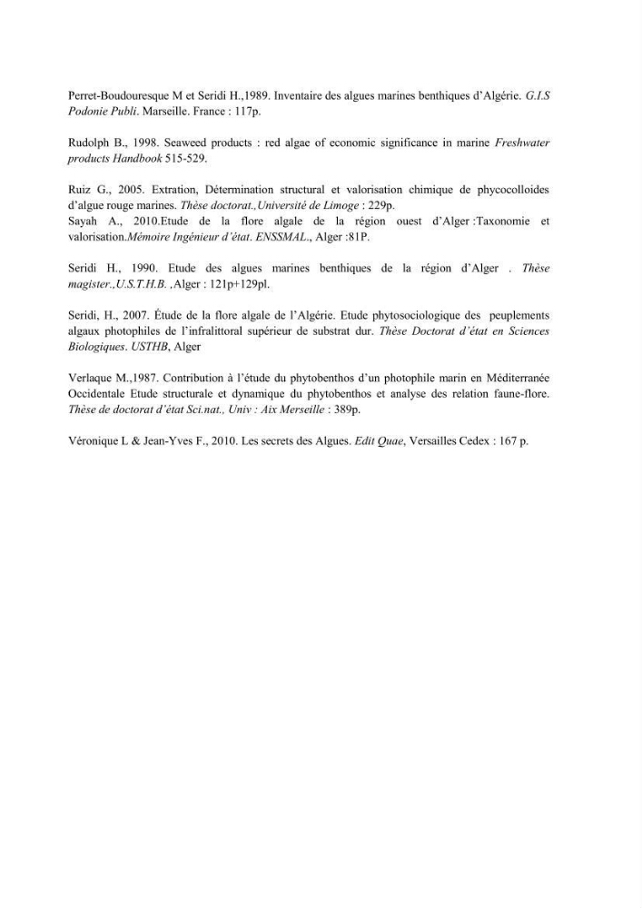 Actualisation de l\'inventaire des Rhodobiontes des côtes Algériennes et mise en évidence des éspèces à intérêt aquacole