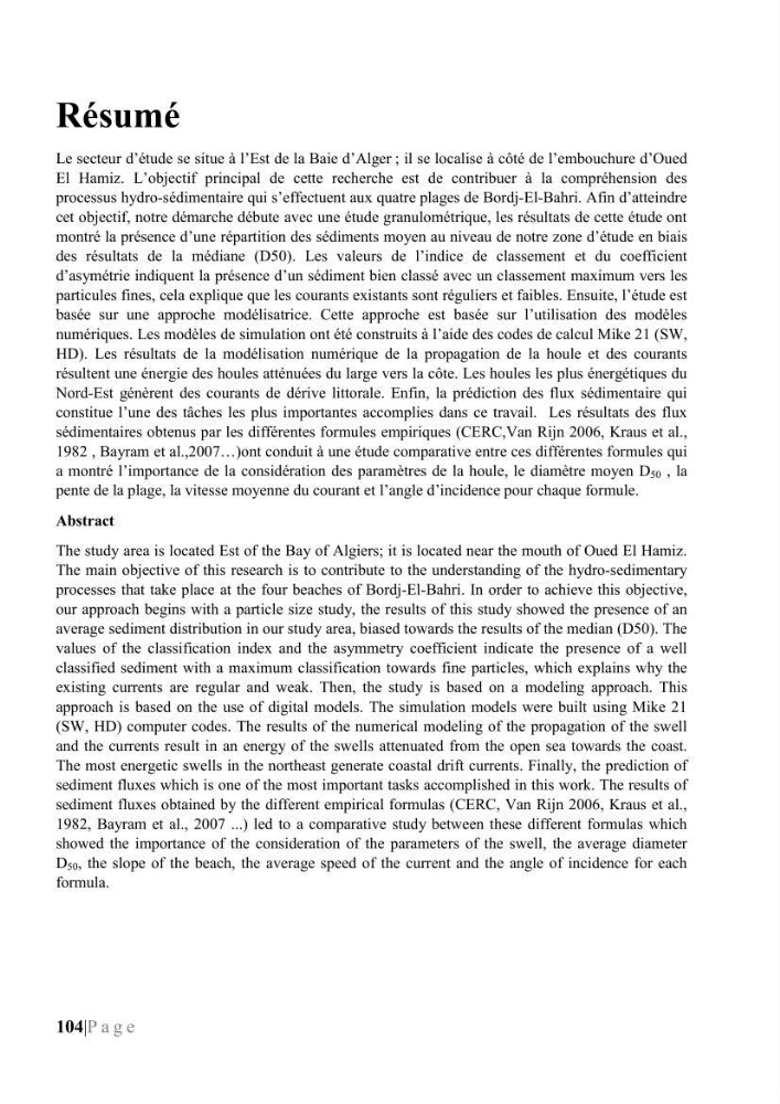 Quantification de transit sédimentaire longitudinal de la région Est de la Baie d’Alger