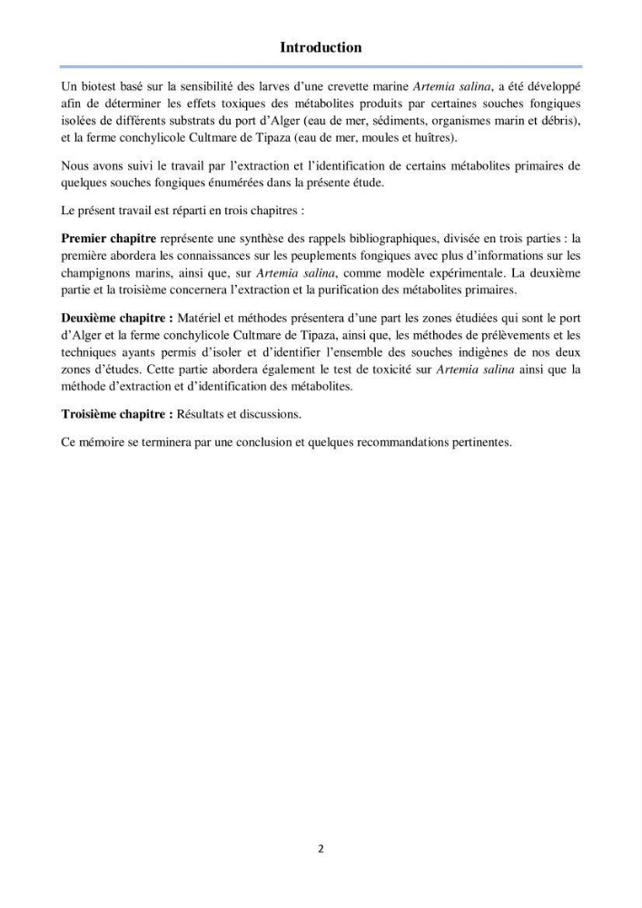 Détermination et criblage de la flore fongique potentiellement toxinogène du port d’Alger et de la ferme aquacole « Cultmare » de Tipaza :test de toxicité sur les larves d’Artémie