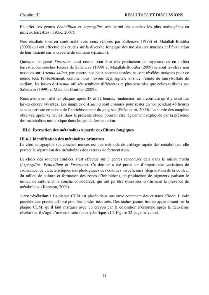 Détermination et criblage de la flore fongique potentiellement toxinogène du port d’Alger et de la ferme aquacole « Cultmare » de Tipaza :test de toxicité sur les larves d’Artémie