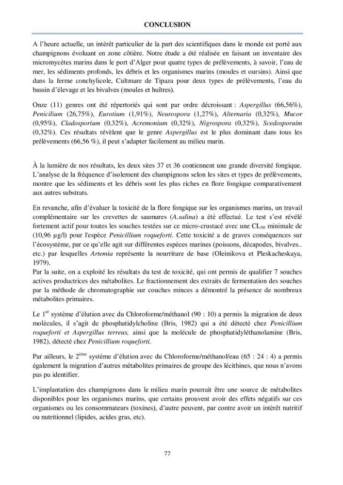 Détermination et criblage de la flore fongique potentiellement toxinogène du port d’Alger et de la ferme aquacole « Cultmare » de Tipaza :test de toxicité sur les larves d’Artémie