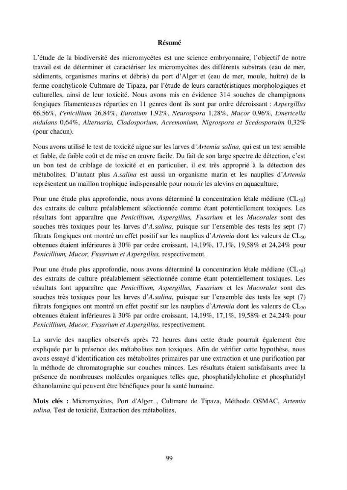 Détermination et criblage de la flore fongique potentiellement toxinogène du port d’Alger et de la ferme aquacole « Cultmare » de Tipaza :test de toxicité sur les larves d’Artémie