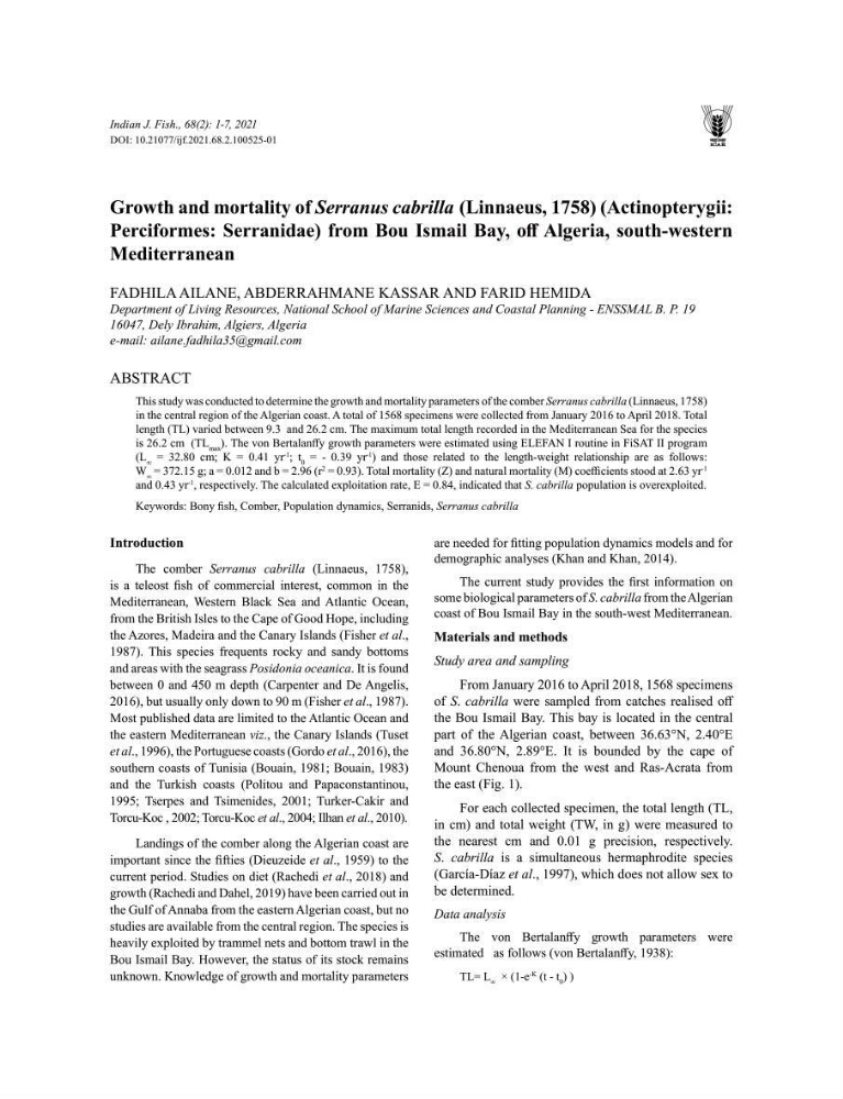 Approche écosystémique de la pêcherie artisanale de la baie de Bou Ismail : cas des serrans (Osteichthyens, Serranidae)
