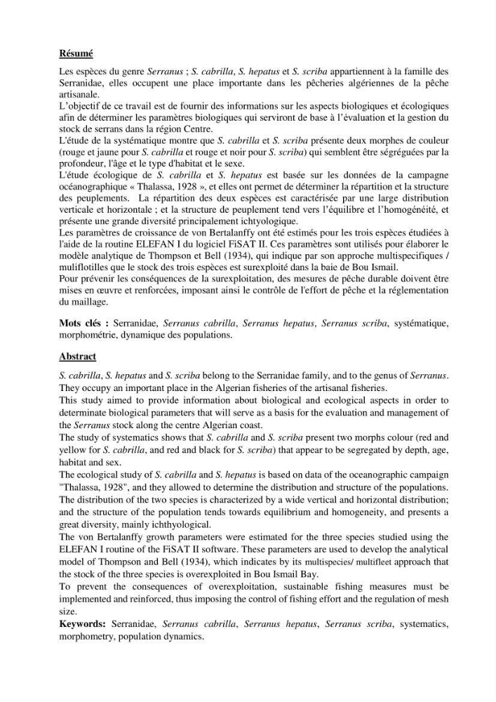 Approche écosystémique de la pêcherie artisanale de la baie de Bou Ismail : cas des serrans (Osteichthyens, Serranidae)