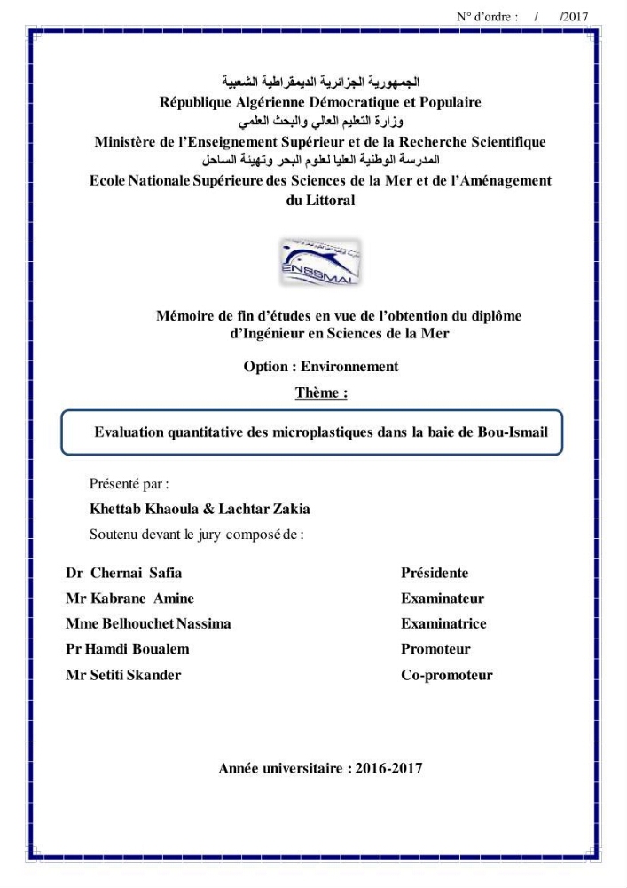 Evaluation quantitative des microplastiques dans la baie de Bou-Ismail