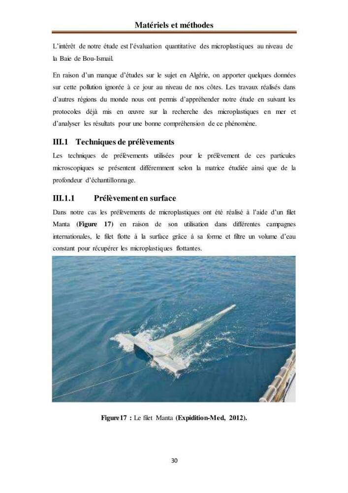 Evaluation quantitative des microplastiques dans la baie de Bou-Ismail