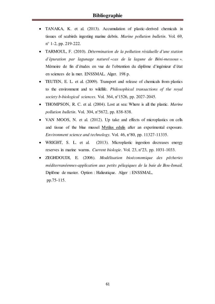 Evaluation quantitative des microplastiques dans la baie de Bou-Ismail