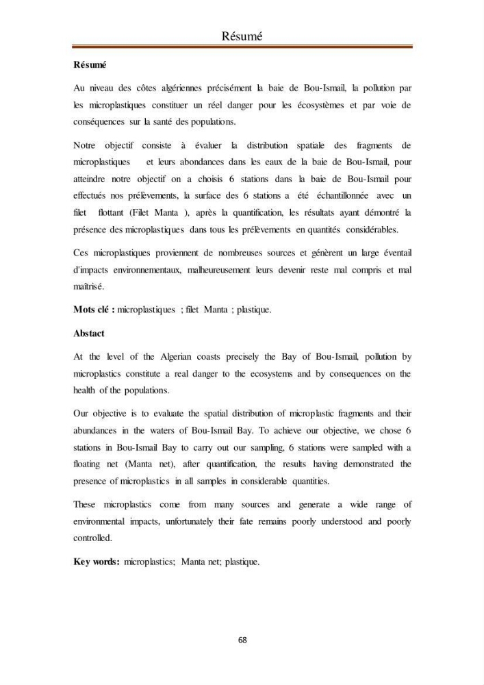 Evaluation quantitative des microplastiques dans la baie de Bou-Ismail