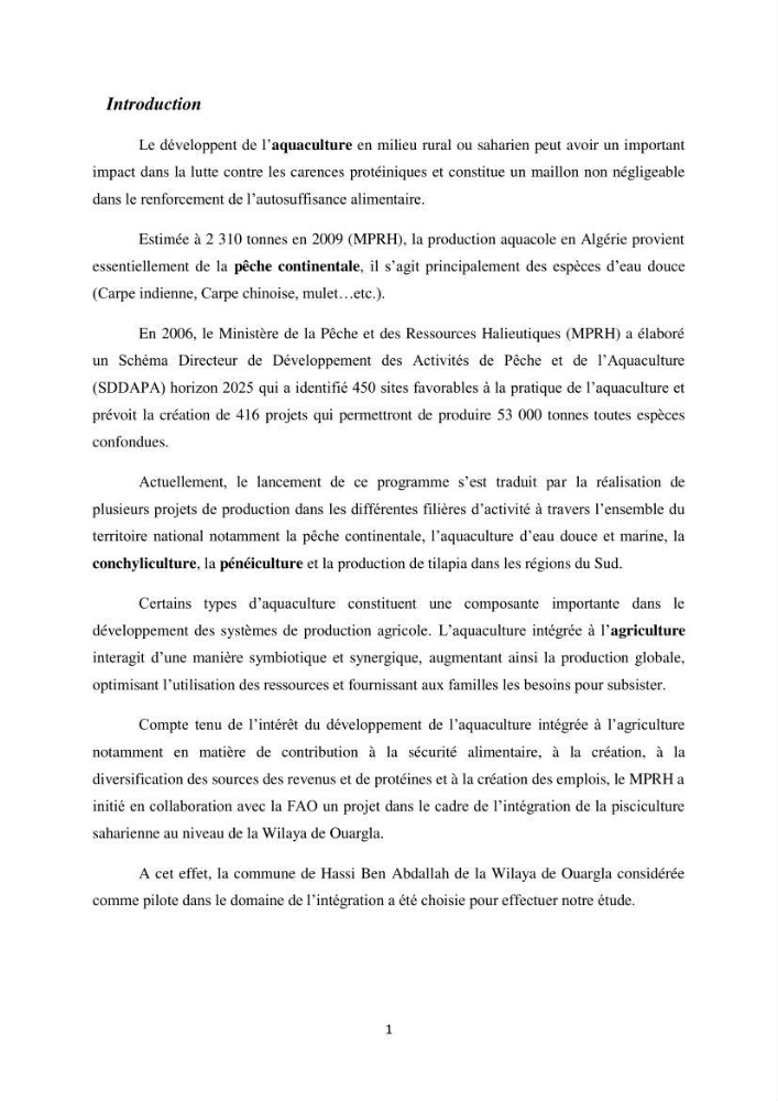 Intégration de l\'Aquaculture à l\'agriculture en Algerie. Cas de la wilaya de Ouargla