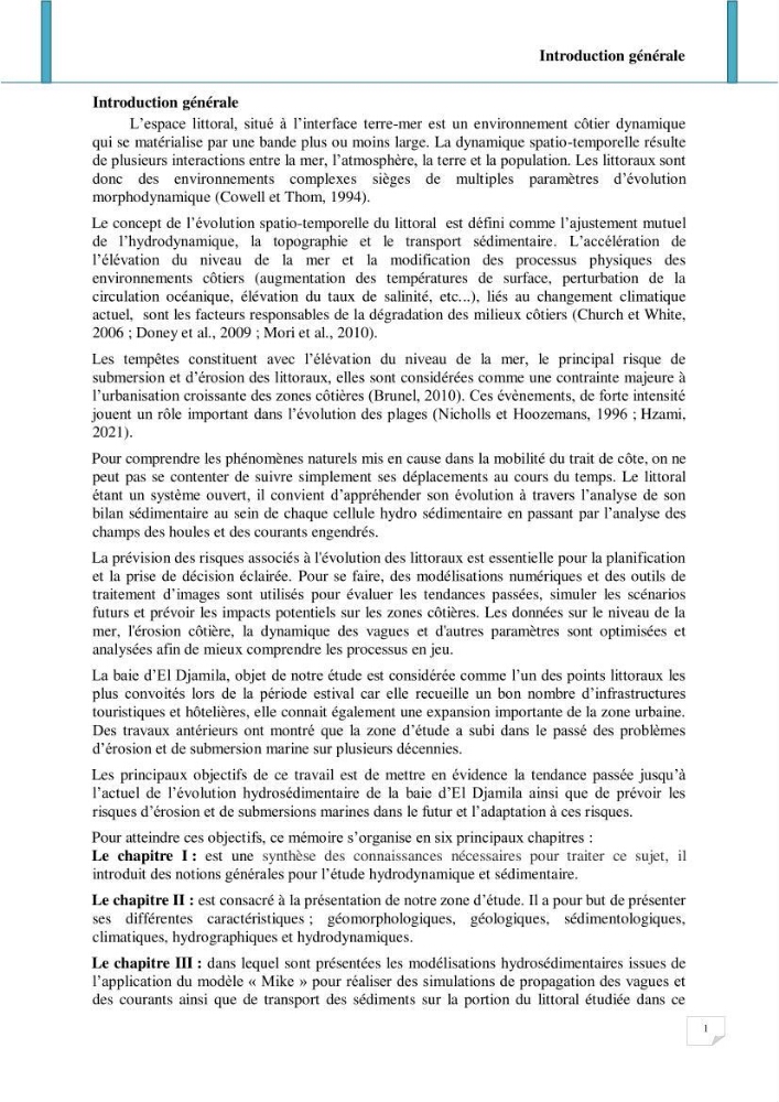 Evolution spatio-temporelle du littoral de la baie d\'El Djamila prévisions des risques et adaptation