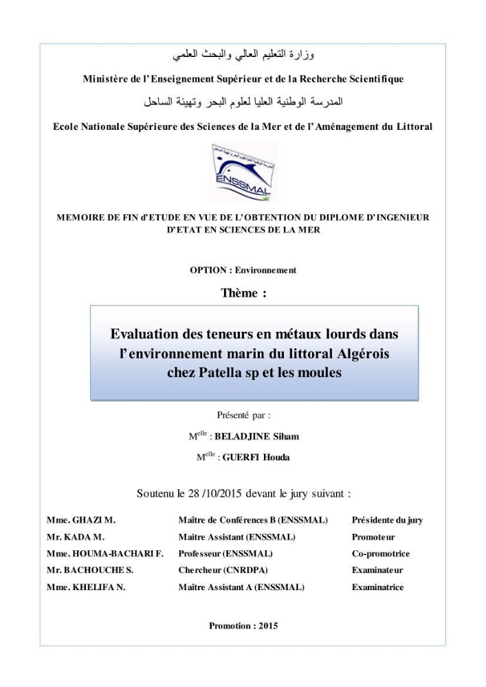 Evaluation des teneurs en métaux lourds dans l\'environnement marin du littoral Algérois chez Patella sp et les moules