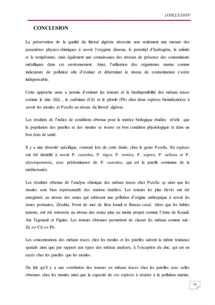 Evaluation des teneurs en métaux lourds dans l\'environnement marin du littoral Algérois chez Patella sp et les moules