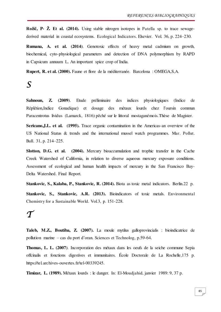 Evaluation des teneurs en métaux lourds dans l\'environnement marin du littoral Algérois chez Patella sp et les moules