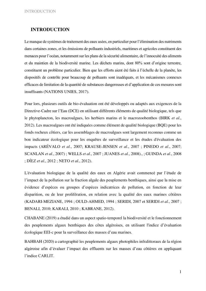 Bioévaluation de la qualité écologique des eaux marines cotières par utilisation des peuplements macroalgaux