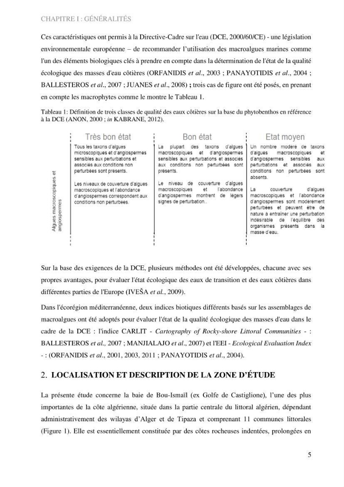 Bioévaluation de la qualité écologique des eaux marines cotières par utilisation des peuplements macroalgaux