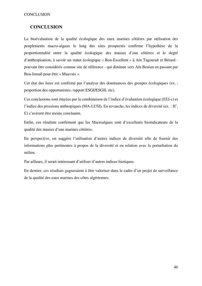 Bioévaluation de la qualité écologique des eaux marines cotières par utilisation des peuplements macroalgaux