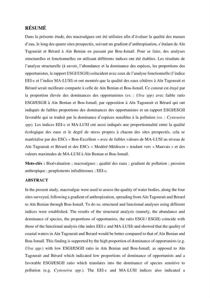 Bioévaluation de la qualité écologique des eaux marines cotières par utilisation des peuplements macroalgaux