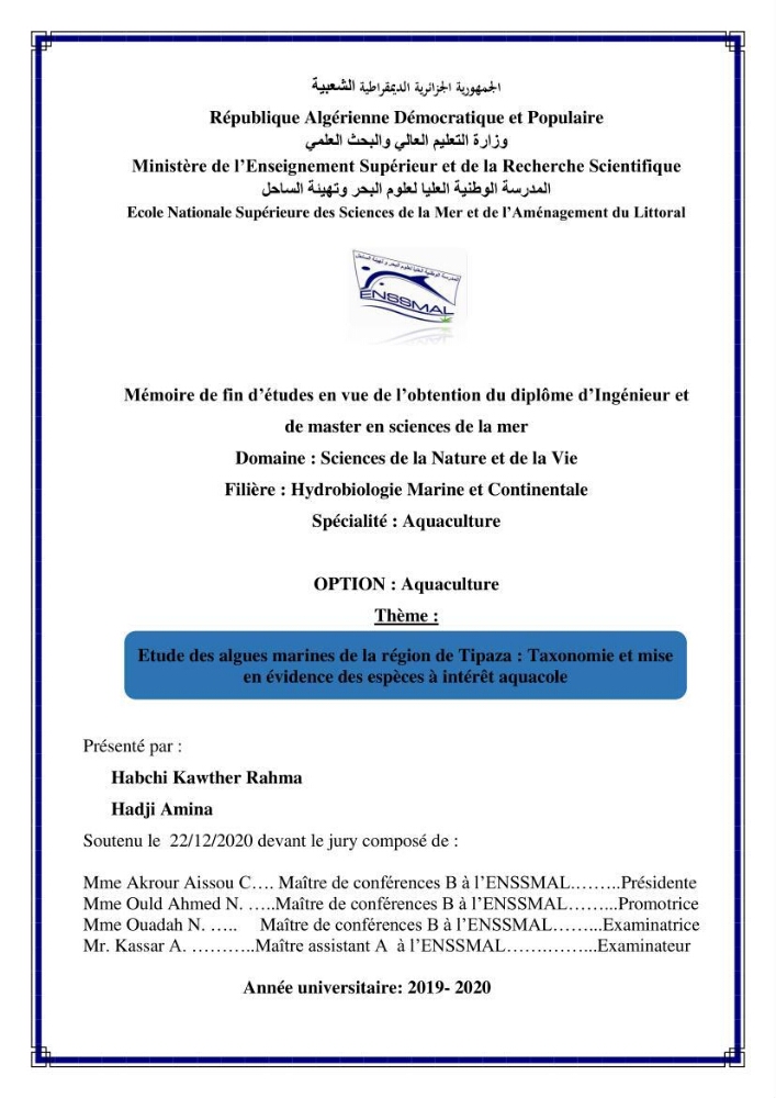 Etude des algues marines de la région de Tipaza :taxonomie et mise en évidence des espèces à intérêt aquacole