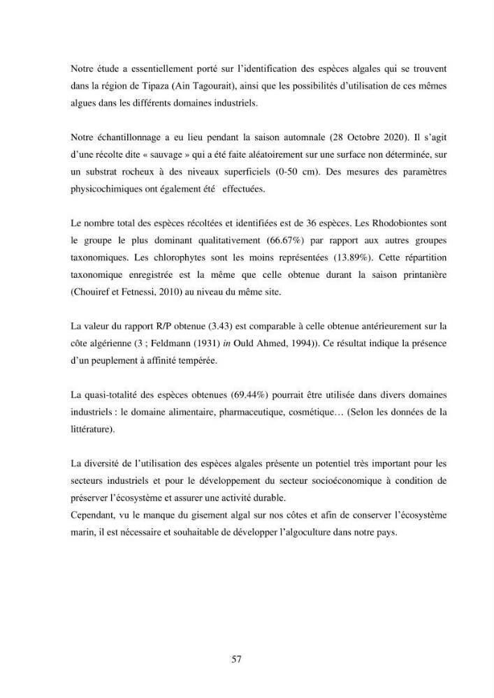 Etude des algues marines de la région de Tipaza :taxonomie et mise en évidence des espèces à intérêt aquacole