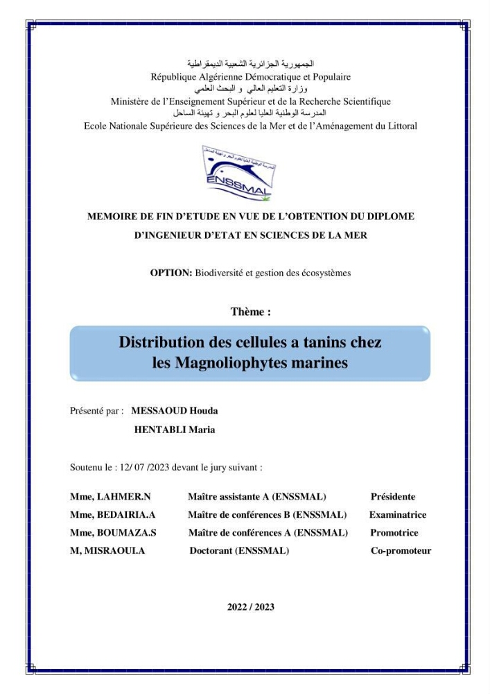 Distribution des cellules a tanins chez les Magnoliophytes marines