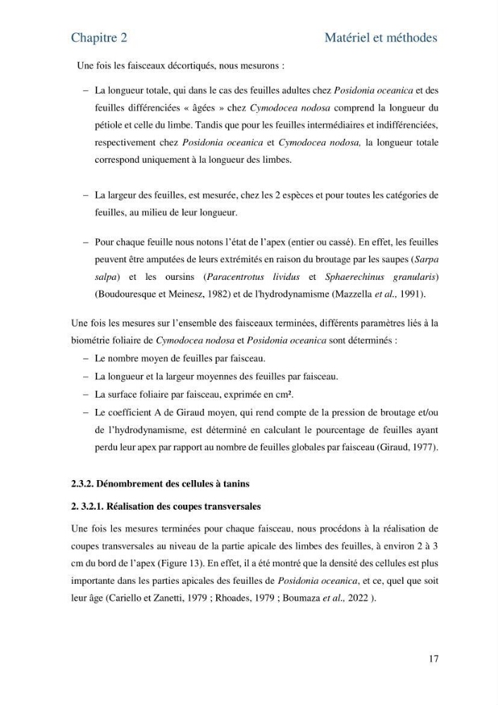 Distribution des cellules a tanins chez les Magnoliophytes marines