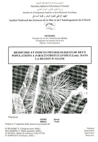 Biométrie et indices physiologiques de deux populations à Paracentrotus lividus (LmK) dans la région d'Alger: Biométrie et indices physiologiques de deux populations à Paracentrotus lividus (LmK) dans la région d'Alger: