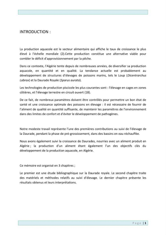 Contribution à la l\'élevage de la Daurade \" Sparus aurata\" en eau réchauffée: cas de la ferme ONDPA Cap Djinet (wilaya de Boumerdes)