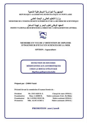 Détéction de souches résistantes aux antibiotiques chez la moule d'élevage: mytilus galloprovincialis Détéction de souches résistantes aux antibiotiques chez la moule d'élevage: mytilus galloprovincialis