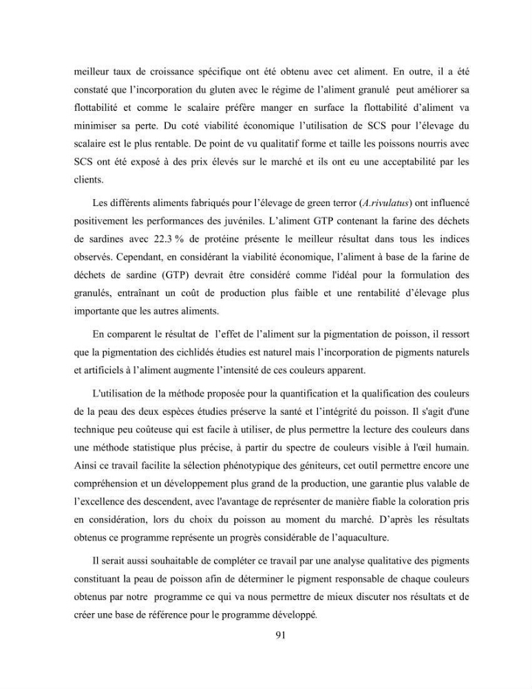 Suivi zootechnique de l’efficacité de six aliments fabriqués localement sur la croissance et la pigmentation des Cichlidés américains cas de Pterophyllum scalare. et Andinoacara rivulatus.