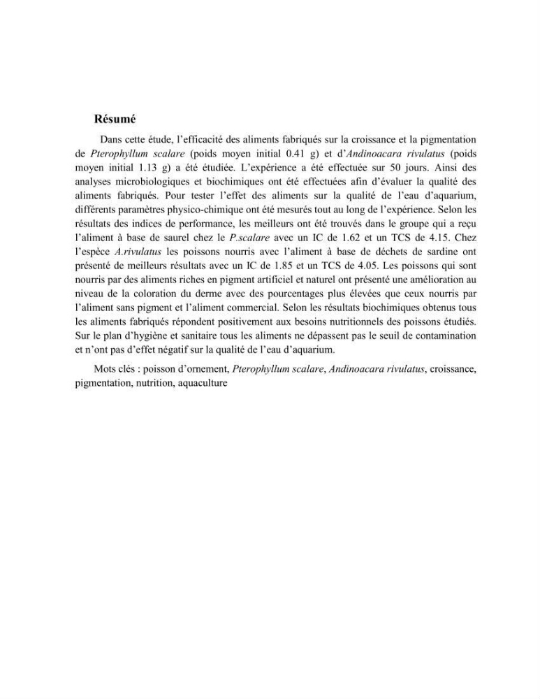 Suivi zootechnique de l’efficacité de six aliments fabriqués localement sur la croissance et la pigmentation des Cichlidés américains cas de Pterophyllum scalare. et Andinoacara rivulatus.