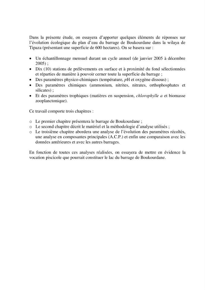 Etude hydrobiologique du barrage de Boukourdane (wilaya de Tipaza)