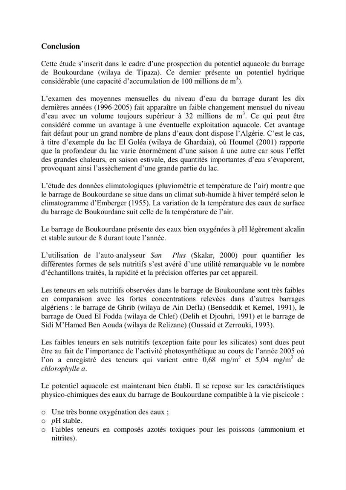 Etude hydrobiologique du barrage de Boukourdane (wilaya de Tipaza)