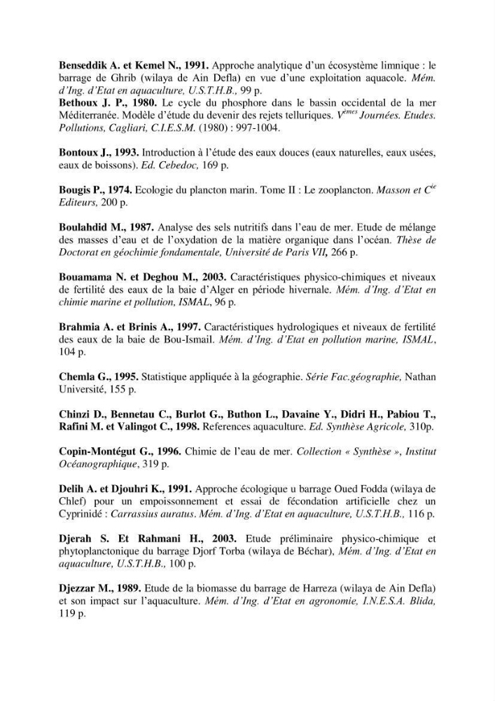 Etude hydrobiologique du barrage de Boukourdane (wilaya de Tipaza)
