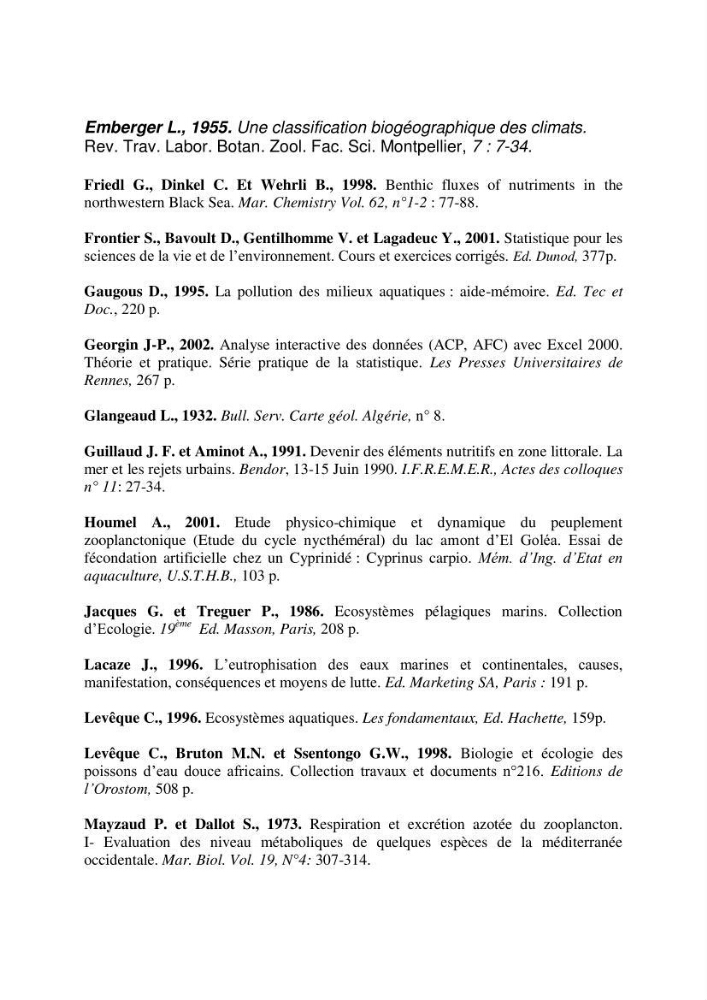 Etude hydrobiologique du barrage de Boukourdane (wilaya de Tipaza)