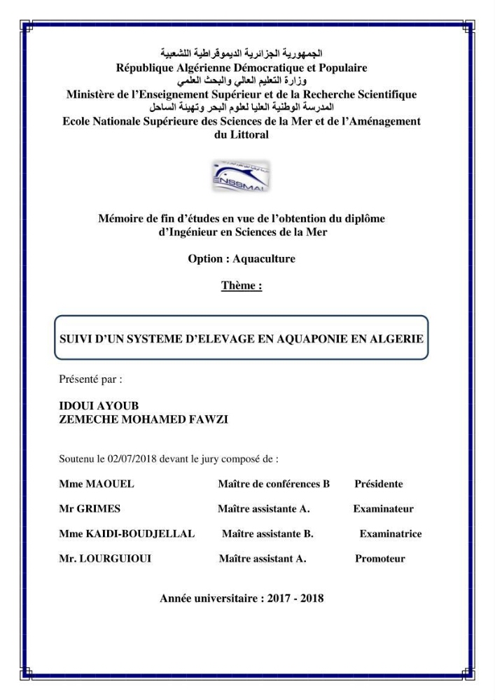 Suivi d\'un systeme d\'élevage en aquaponie en Algèrie