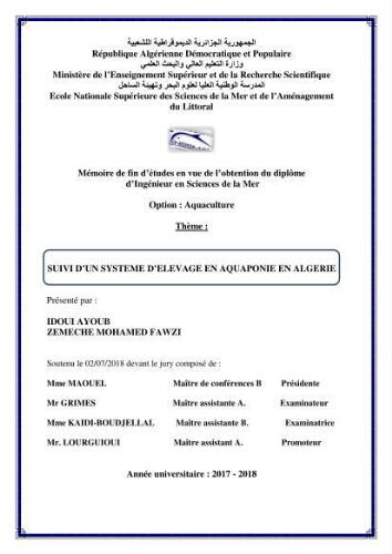 Suivi d'un systeme d'élevage en aquaponie en Algèrie Suivi d'un systeme d'élevage en aquaponie en Algèrie